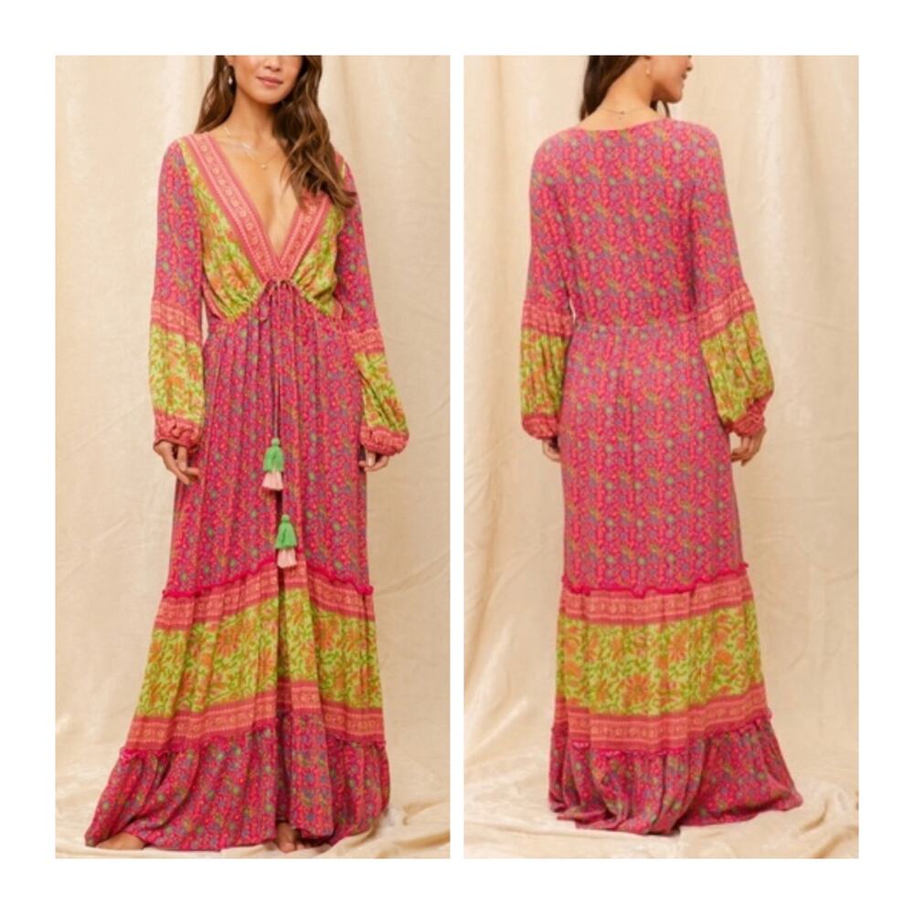 Raga Anthropologie Maxi Dress Pink Floral Long Sleeve V Neck New